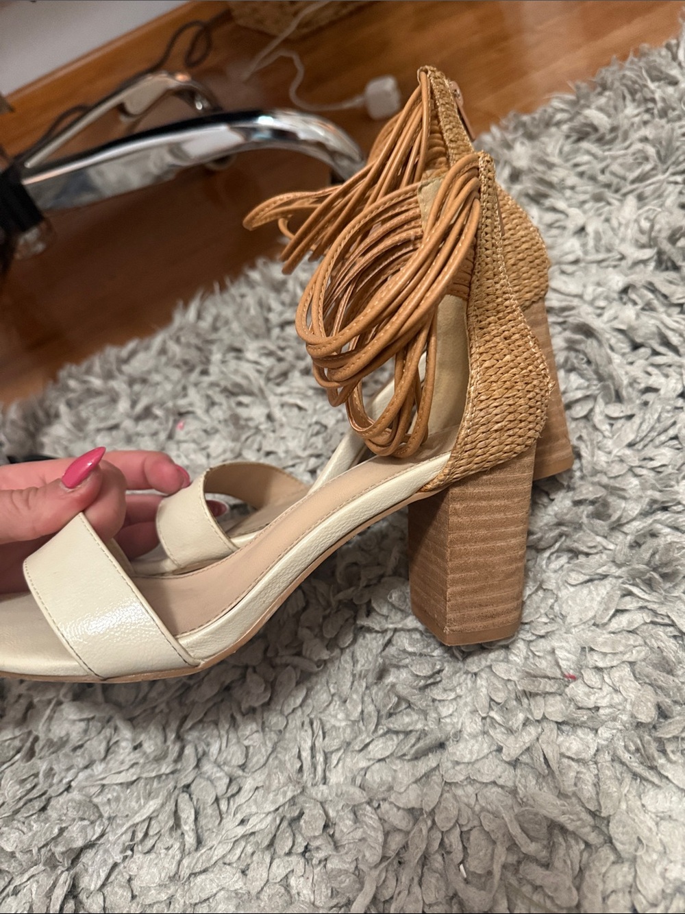Woven Heel Ankle-Tie Wedge Sandals in Cream and Tan - Picture 7 of 11
